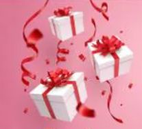 Wrapped white gift boxes with red ribbons